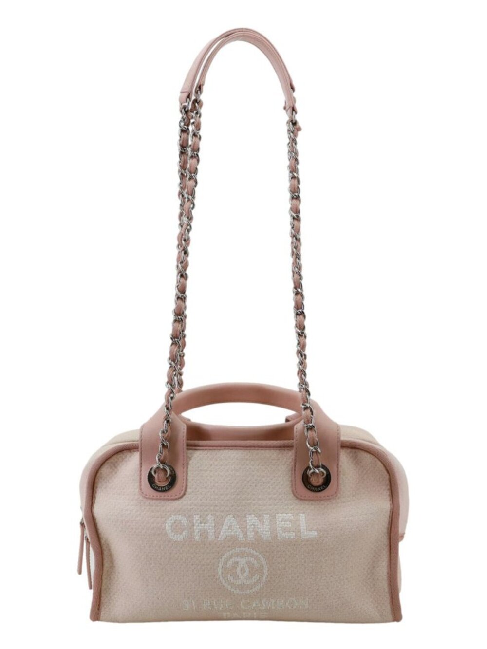 Chanel Deauville Canvas Leather Bowling Shoulder Bag Light Pink